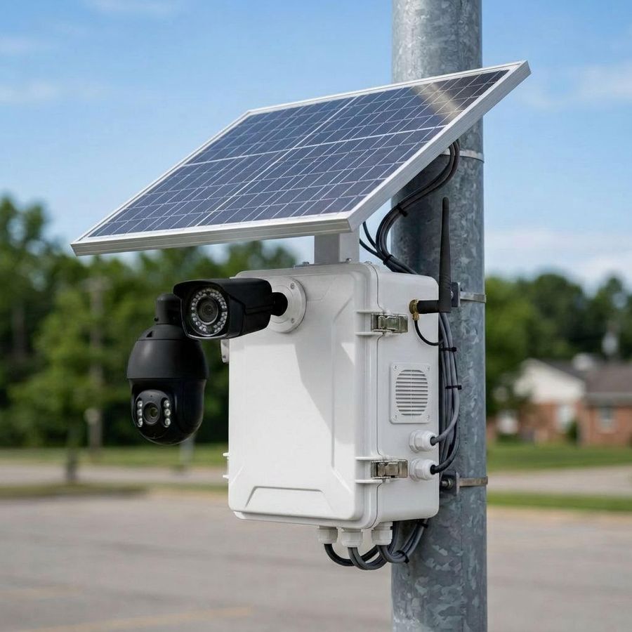 A SentryCam pole-mounted solar camera with dual cameras, solar panel, and weatherproof equipment box installed on a galvanized pole.